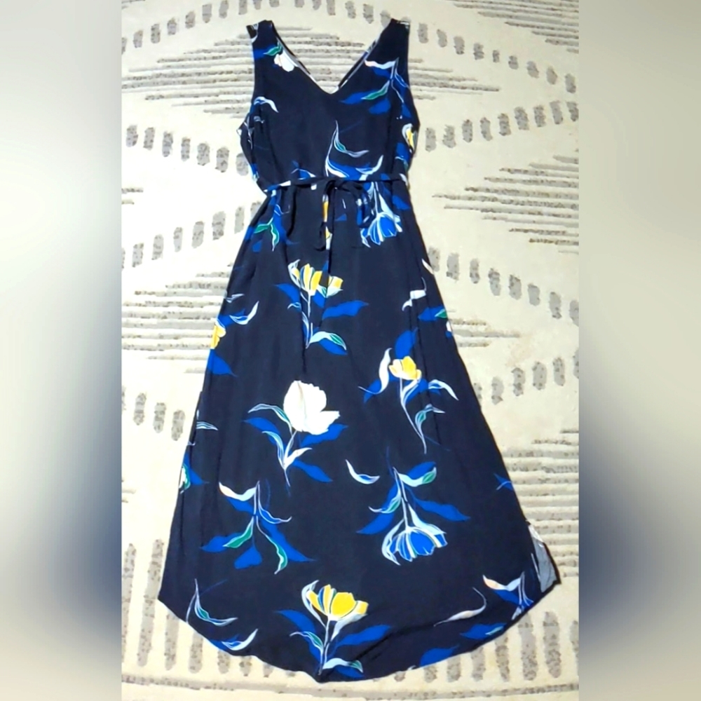Dark Navy Blue Flower Print Tank Dress with Tie - Size Large